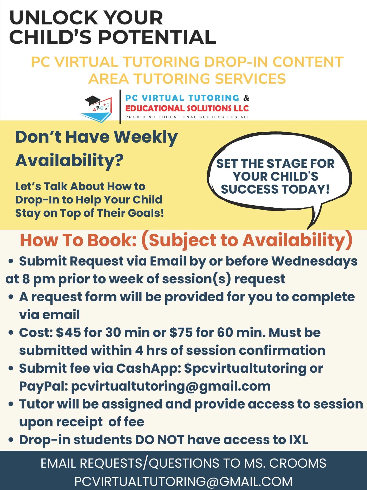 Drop-in tutoring services flyer